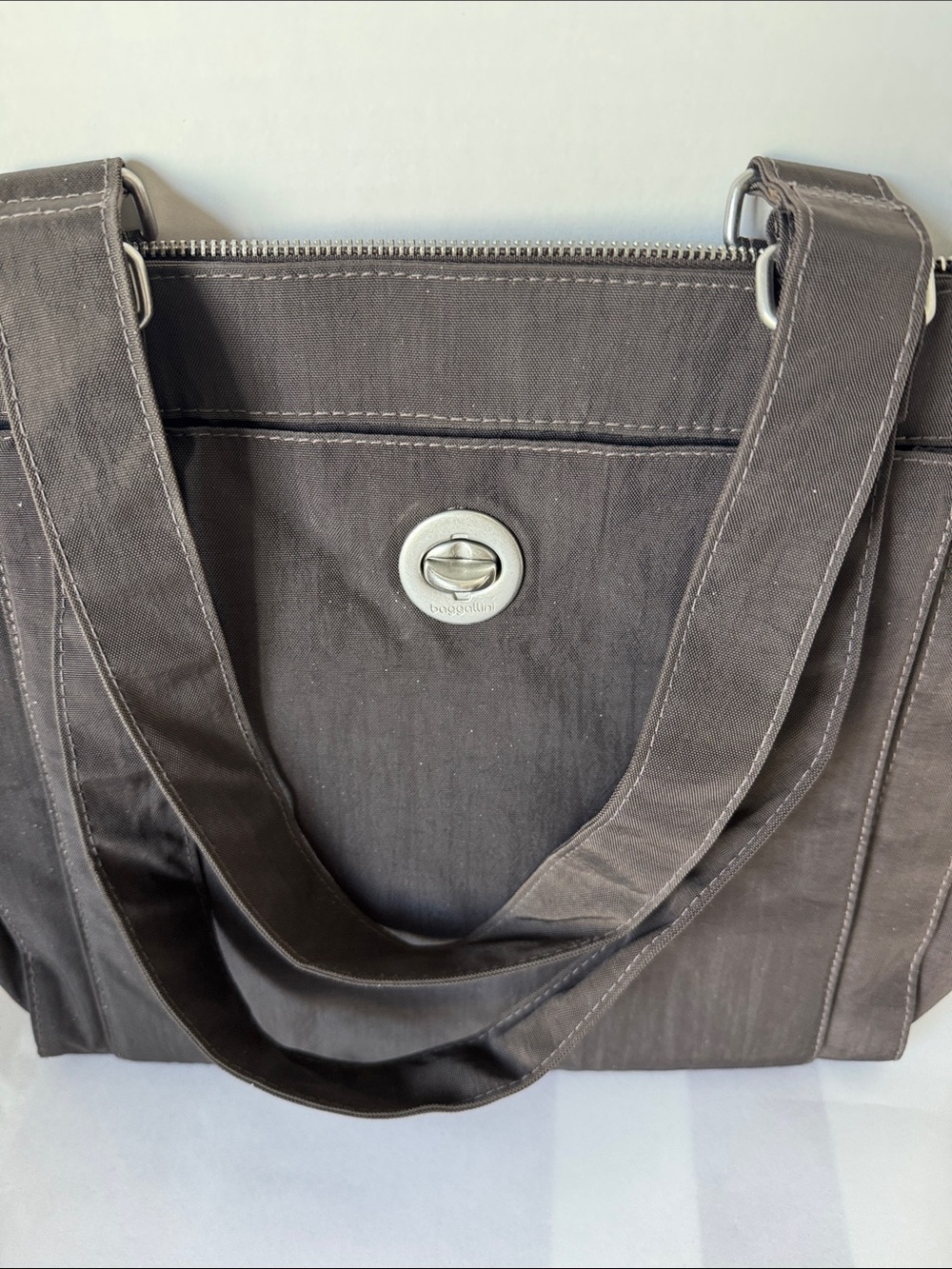 Baggallini Dark Brown Canvas Tote with Silver Turn-Lock